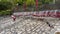 Hong Kong - January 1 2020 : Chain of Tin Cans, Red and Silver Tin Cans hanging on the rope in Tai O Village