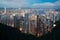 Hong Kong in Kowloon area skyline view from Victoria Peak in Hon