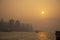 Hong Kong neon sunset iconic harbour skyscrapers illuminated panorama China - stock photo