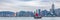 Hong Kong skyline banner panorama crop with junk boat. China destination travel