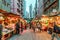 Hong Kong street market abounds with different sorts of ripe fresh fruit and other food. Evening view of Hong Kong street market.