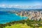 Honolulu city view from Diamond Head lookout, Waikiki beach landscape background.
