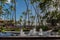Honolulu, Hawaii- Dec. 13, 2018: View from Hilton Hawaiian Villageâ€™s main lobby of a fountain, palm trees and pool