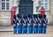 The honor guard in Copenhagen, Denmark. Soldiers in blue uniforms guard palace in center
