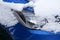 Hood blue metal car with headlight in the snow close up, Light passenger car luxury class under snow cover.