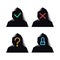 Hooded avatars, protected and hacked with a tick and a cross. Hacked, unknown, blocked. Isolated vector illustration