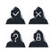 Hooded avatars, protected and hacked with a tick and a cross. Hacked, unknown, blocked. Isolated vector illustration