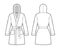 Hooded Bathrobe Dressing gown technical fashion illustration with wrap opening, mini length, oversize, tie, long sleeves