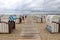 Hooded beach chairs strandkorb at Baltic seacoast in Travemunde, Germany