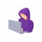 Hooded computer hacker with laptop icon