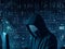 Hooded computer hacker in the shadow with binary codes