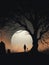 A hooded figure beneath a skeletal tree a mive moon silhouetting a aveyard in the distant backound. Gothic art. AI