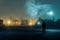 A hooded figure standing in an empty industrial estate on a misty winters night. Looking up at an alien structure floating in the