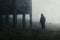 A hooded figure standing by mysterious abandoned industrial building, on a bleak moorland. On a spooky, foggy day. With a grunge