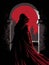 A hooded figure stands from the shadows of an old castle its eyes a deep crimson red. Gothic art. AI generation