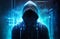 Hooded hacker man wearing a hoodie with binary code background