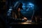 A hooded hacker works on a laptop in a dark room. Cybercrime concept. generative AI