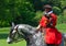 Hooded Harris Hawk on the glove of a man wearing a red Elizabethan costume riding a white horse.