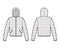 Hooded jacket Down puffer coat technical fashion illustration with zip-up closure, pockets, oversized, classic quilting