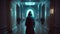 Hooded man in a dark corridor. 3d rendering.