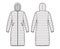 Hooded quilted shell down coat jacket puffer technical fashion illustration with long sleeve, knee length, oversized
