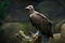 Hooded vulture, Necrosyrtes monachuss, detail portrait of rare mountain bird, sitting on the tree trunk with rock. Animal with pi