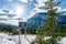 Hoodoos Viewpoint in a snowy autumn sunny day. Banff National Park