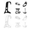 Hook, mountaineer harness, insurance and other equipment.Mountaineering set collection icons in black,outline style