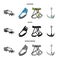 Hook, mountaineer harness, insurance and other equipment.Mountaineering set collection icons in cartoon,black,monochrome