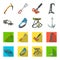 Hook, mountaineer harness, insurance and other equipment.Mountaineering set collection icons in cartoon,flat style