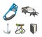 Hook, mountaineer harness, insurance and other equipment.Mountaineering set collection icons in cartoon style vector