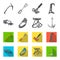 Hook, mountaineer harness, insurance and other equipment.Mountaineering set collection icons in monochrome,flat style