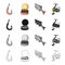 Hook with a worm, bait for fishing, rudd, spinning reel. Fishing set collection icons in cartoon black monochrome