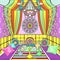 Hookah room ornate decorated in oriental style, cartoon drawing, vector illustration. Bright colorful room with sofa