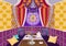 Hookah room ornate decorated in oriental style, flat drawing, vector illustration. Bright multicolor room with sofa with pillows,