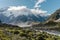Hooker Valley Track with amazing landscape view of Mueller Lake and suspension Bridge. Mount Cook National Park