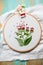Hoop modern embroidery with botanical motifs on a wooden background