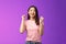 Hooray lucky win. Cheerful attractive astian girl make fist pump, dancing celebrate victory, stand purple background