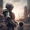 Hope Amidst Destruction: A humanoid robot holding a crying child amidst the ruins of a dystopian world. Created with Generative AI