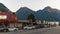 HOPE, CANADA - July 14, 2018: main street in small town in British Columbia with shops restaurants cars