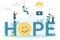 Hope concept banner, tiny volunteers holding jar with gift hearts, money and megaphone