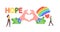Hope, Love Concept. Tiny Family Characters at Rainbow and Huge Hands Show Heart Symbol. Charity, Kindness
