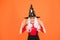 Hope spell works. Little child in witch costume. Halloween party. Small girl in black witch hat. Autumn holiday. Join