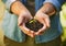 Hope springs eternal. an unidentifiable farmer holding a pile of soil with a seedling growing out of it.