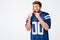 Hopeful excited man fan in blue t-shirt standing