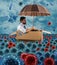 Hopeless businessman floats with a cardboard in a sea of viruses and bacteria. Concept of pandemic