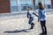 Hopscotch on the schoolyard with friends play together