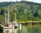 HOQUIAM, WASHINGTON: AUGUST 2017: Local fishing boats sit in the bend of the Hoquiam River in Grays Harbor County, Washington.