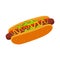 Hor Dog In Bun With Mustard, Street Fast Food Cafe Menu Item Colorful Vector Icon