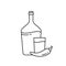 Horilka. Linear icon of Traditional Ukrainian vodka or moonshine. Black simple illustration of bottle, glass, chili pepper.